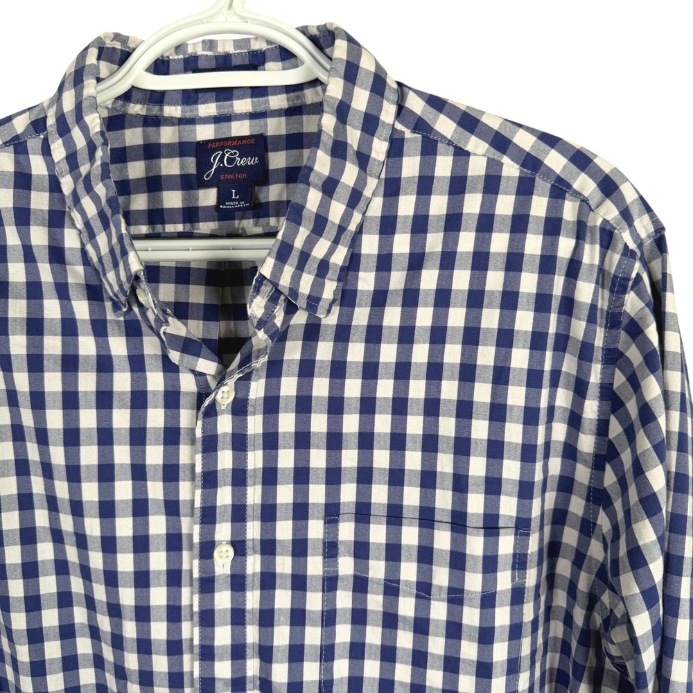 J Crew‎ Button Down Shirt Mens L Blue Gingham Performance Stretch Long Sleeve